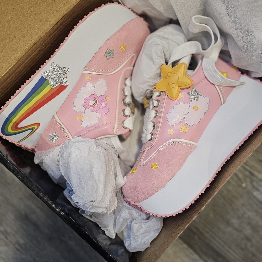 Pink Care Bears Platform Sneakers with Rainbow and Cloud Design And Charms